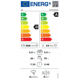 LG F4DR509SBW, Spalare 9 kg, Uscare 6 kg, 1400 RPM, Clasa B, Direct Drive, TurboWash, Alb