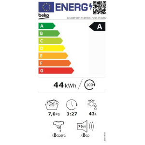 Beko BM3WFSU47415WB, 7 kg, 1400 RPM, Clasa A, ProSmart Inverter, SteamCure, AddXtra, EnergySpin, ColdWash, Alb