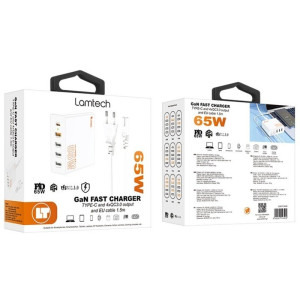 Lamtech GaN Fast Charge, Power Delivery, 65W, 1x USB-C, 4x USB Quick Charge 3.0, White