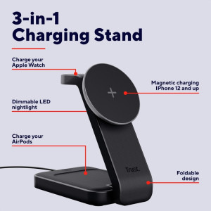 Trust 3-in-1, Viro, Wireless Magnetic Charge Stand pentru iPhone, Apple Watch si AirPods, Black