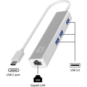 LevelOne 1x USB-C Male - 1x RJ45 Female + 3x USB 3.0 Female, Argintiu