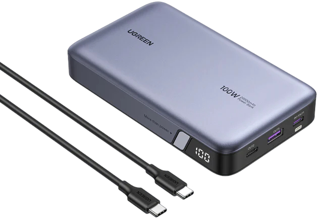 Baterie externa Ugreen PB720, 20000 mAh, 1x USB, 2x USB-C, 100 W, Display, Grey, posibilitate incarcare laptop