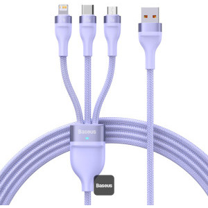 Cablu de date / adaptor Baseus Flash Series 2, USB Male la USB-C Male & MicroUSB Male & Lightning Male, 100 W, 1.2 m, Violet