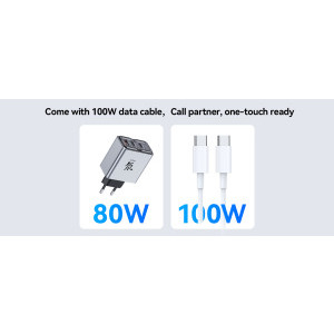 ZTE Nubia DAO 80W GaN, cablu inclus 100W, 3 porturi USB, Compatibil smartphone, laptop USB Type-C