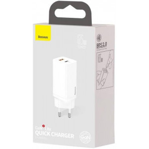 Baseus GaN2 Lite, Quick Charge 63W, 1x USB, 1x USB-C, White