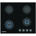 Plita incorporabila Heinner HBH-S584WI-GBK, Gaz, 4 arzatoare, Aprindere electrica, Gratar fonta, Wok, Sticla neagra