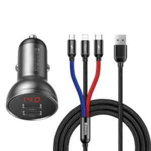 Incarcator auto Baseus Digital Display, 2x USB, 24W, Grey + cablu 3 in 1
