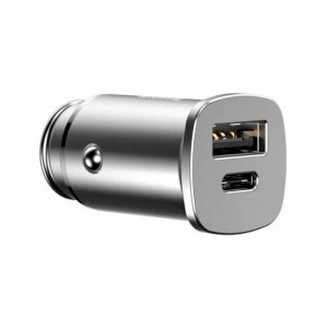 Incarcator auto Baseus Square metal, 1x USB, 1x USB-C, 30W, Silver