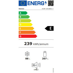 Heinner HCNF-V291BKE++, 294 L, Clasa E, No Frost, Freezer Shield, Display, Control electronic, Iluminare LED, 186 cm, Negru