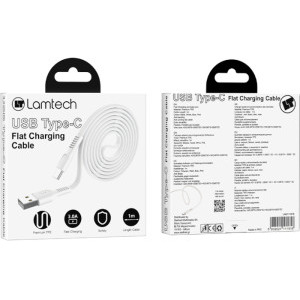 Lamtech Flat USB Male la USB-C Male, 1 m, White, amperaj maxim suportat 3A