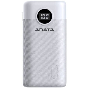 ADATA P10000QCD, 10000 mAh, 2x USB, 1x USB-C, 3A, Quick Charge 3.0, White
