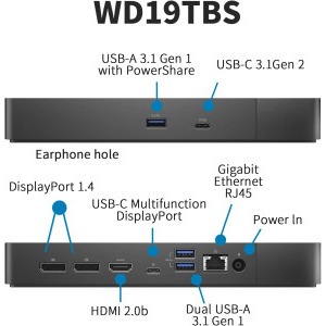 DELL Docking WD19TBS, Thunderbolt, putere incarcare 180W, suport conectare pana la 3 monitoare, Gigabit LAN, USB-C