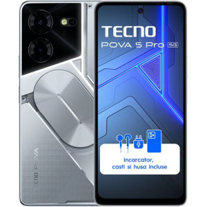 Smartphone Tecno Pova 5 Pro, 256GB, 8GB RAM, Dual SIM, 5G, Tri-Camera, Silver Fantasy