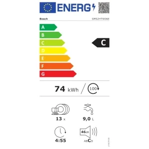 Bosch SMS2HTW06E, 13 seturi, 5 programe, Clasa C, EcoSilence Drive, ExtraDry, AquaStop, AquaSensor, ActiveWater, Home Connect, 60 cm, Alb