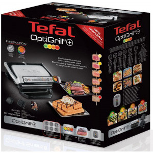 Tefal Gratar electric, Optigrill+ Wafles GC716D12, 2000W, 6 programe, Indicator pentru nivelul de gatire, Placi detasabile, Accesoriu pentru gofre, Negru/Argintiu