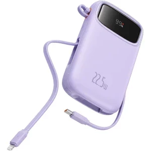 Baterie externa Baseus Qpow2, 10000 mAh, 1x USB, 2x USB-C, 22.5 W, Display, Cablu USB-C & Lightning integrat, Violet