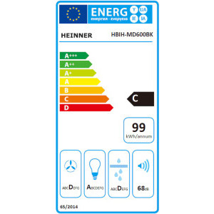 Heinner integrata HBIH-MD600BK, Putere de absorbtie 610 m3/h, Clasa C, 3 trepte de viteza, Iluminare LED, 60 cm, Negru