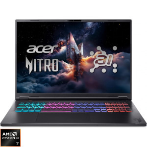 Laptop Acer Gaming 18 Nitro 18 AI AN18-61, WQXGA IPS 165, Procesor AMD Ryzen™ Al 7 350 (16M Cache, up to 5.0 GHz), 32GB DDR5, 1TB + 1TB SSD, GeForce RTX 5070 8GB, No OS, Obsidian Black