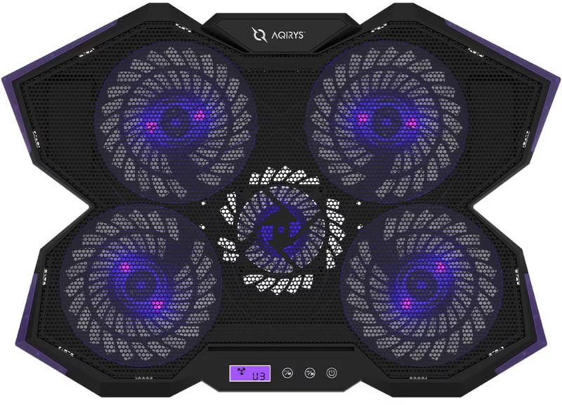 Stand/Cooler notebook AQIRYS Spider, diagonala max. de pana la 17.3 inch, 5 ventilatoare, iluminare LED, ecran LCD integrat