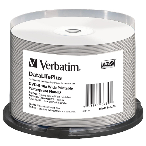 Mediu stocare Verbatim DVD-R 4.7GB 16x No ID brand Wide Inkjet Printable Waterproof spindle 50 buc