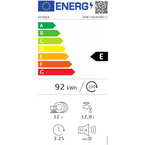 Heinner HDW-FS6006WE++, 12 seturi, 6 programe, Clasa E, Half Load, AquaStop, 60 cm, Alb