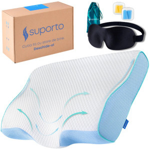 Suporto Perna anatomica si ortopedica cu suport cervical pentru dormit, din spuma cu memorie + Masca de dormit 3D