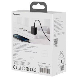 Baseus Compact CCXJ-B01, 1x USB-C, 1xUSB, Quick Charge 20W, Black