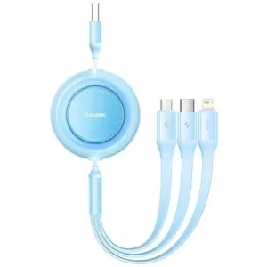 Cablu de date / adaptor Baseus Bright Mirror 2, USB Male la USB-C Male & MicroUSB Male & Lightning Male, Retractabil, 1.1 m, Blue