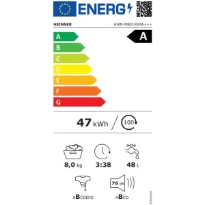Heinner HWM-M8014SMA+++, Slim, 8 kg, 1400 RPM, Clasa A, Inverter, Alb