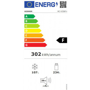 Heinner HC-V336F+, 340 L, Clasa F, Less Frost, Iluminare LED, Control mecanic, Termostat ajustabil, 186 cm, Alb