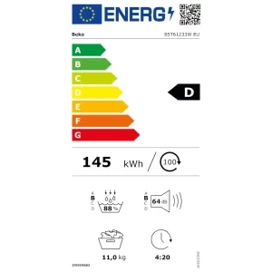 Beko B5T61233W EU, Pompa de caldura, 11 kg, Clasa D, ProSmart Inverter, EcoGentle, IronFinish, AquaWave, HomeWhiz, Iluminare interioara, Alb
