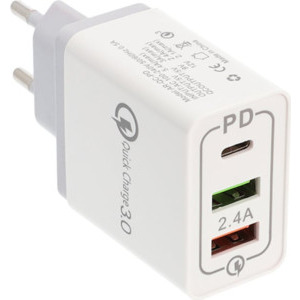 Incarcator retea Lamtech LAM022001, 2x USB, 1x USB-C, 15W, Power Delivery, Quick Charge 3.0, White