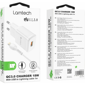 Lamtech LAM020182, 1x USB, 18W, Quick Charge 3.0, White + Cablu Lightning 1m
