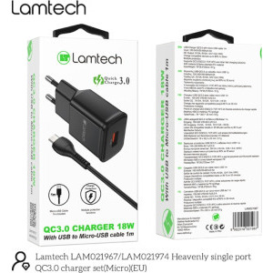 Lamtech LAM021967, 1x USB, 18W, Quick Charge 3.0, Black + Cablu MicroUSB 1m