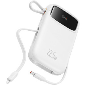 Baterie externa Baseus Qpow2, 20000 mAh, 1x USB, 2x USB-C, 22.5 W, Display, Cablu USB-C & Lightning integrat, White