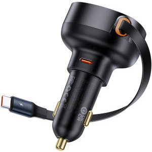 Incarcator auto Baseus Enjoyment Pro, 2x USB-C, 60 W, Cablu integrat, Black