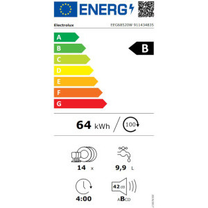 Electrolux EEG68520W, 14 seturi, 8 programe, Clasa B, Inverter, AirDry, QuickSelect, Afisaj digital, 60 cm