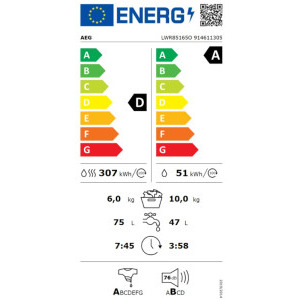 AEG LWR85165O, Spalare 10 kg, Uscare 6 kg, 1600 RPM, Clasa A, ProSense, ProSteam, OkoMix, Inverter, Alb
