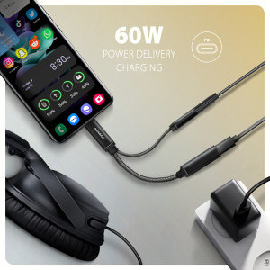 AXAGON 1x USB-C Male - 1x Jack 3.5mm, 1x USB-C Female, PD 60W, Black