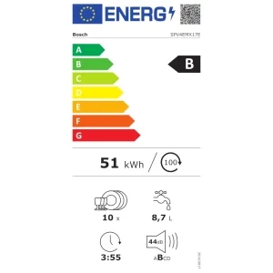 Bosch SPV4EMX17E, Slim, 10 seturi, 6 programe, Clasa B, EcoSilence Drive, EfficientDry, VarioFlex, AquaStop, AquaSensor, ActiveWater, Home Connect, 45 cm