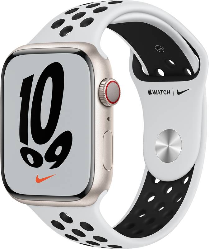 SmartWatch Apple Watch Nike 7, 45mm Aluminium Starlight cu Pure Platinum/Black Nike Sport Band Regular, GPS + Cellular