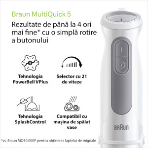 Braun Mixer vertical MultiQuick 5 MQ50501M, 1000W, 0.6L, Alb/Gri