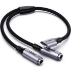 Adaptor Ugreen AV144, 1x USB-C Male - 2x Jack 3.5 mm Female, 0.2m, negru-gri