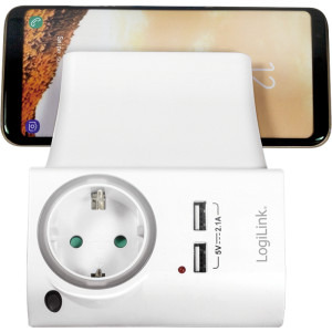 Logilink PA0165, 1x Schuko, 2x USB-A, Iluminare LED, Suport pentru telefon, Alb