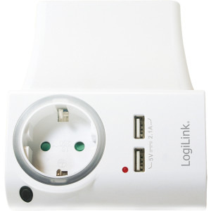 Priza/prelungitor Logilink PA0165, 1x Schuko, 2x USB-A, Iluminare LED, Suport pentru telefon, Alb