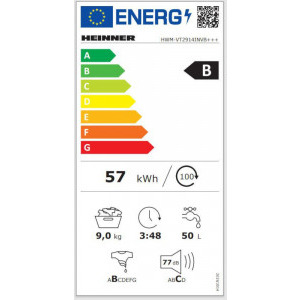 Heinner HWM-VT2914INVB+++, 9 kg, 1400 RPM, Clasa B, Inverter, 60 cm, Alb