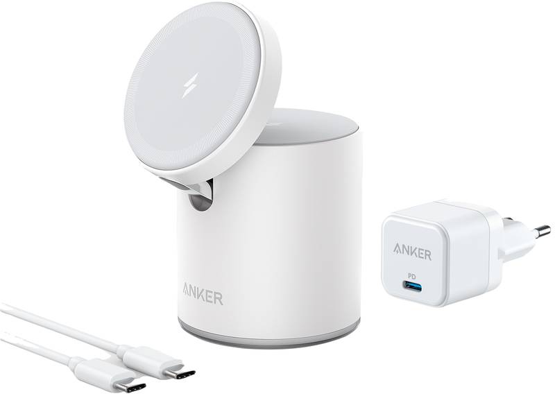 Incarcator wireless Anker PowerWave Mag-Go 2-in-1, 20W, White, incarca simultan telefonul mobil si ceasul smart