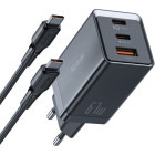 Incarcator retea Mcdodo Mini Pro Fast Charger, 1x USB, 2x USB-C, 67W, Black + Cablu USB-C la USB-C, 2m, Black