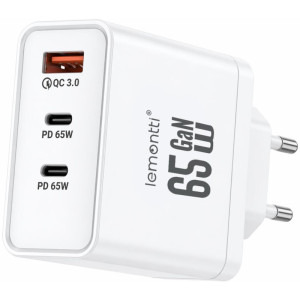 Lemontti 1x USB, 2x USB-C, Fast Charge 65W, GaN, White