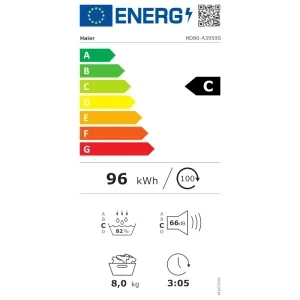 Haier HD80-A3959R-S, Pompa de caldura, 8 kg, Clasa C, Inverter, I-Refresh, hOn, Antracit